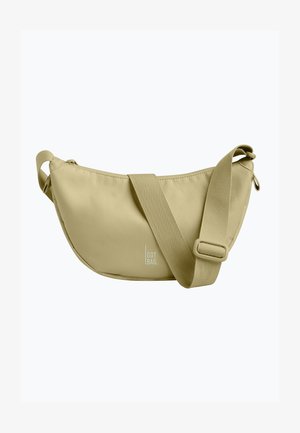 Borsa a tracolla beige a forma di mezzaluna con tracolla regolabile e piccolo logo "GOT BAG." al centro frontale.