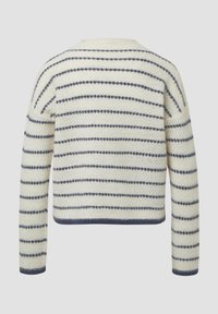 Strickpullover in Creme mit marineblauen horizontalen Streifen, mit rundem Ausschnitt und langen Ärmeln. Gerippte Bündchen und Saum. Strukturierter Stoff.
