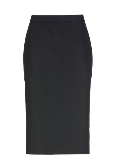 Zwarte kokerrok tot op de knie met een aansluitende taille en subtiele voorkanten voor vormgeving, plat weergegeven op een witte achtergrond.