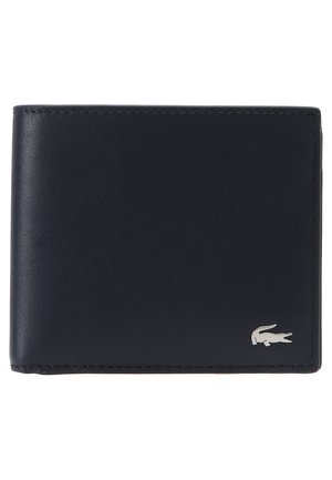 Portefeuille en cuir marine avec accent de logo en argent, design bi-fold, texture lisse, couture soignée et forme compacte pour un rangement facile.