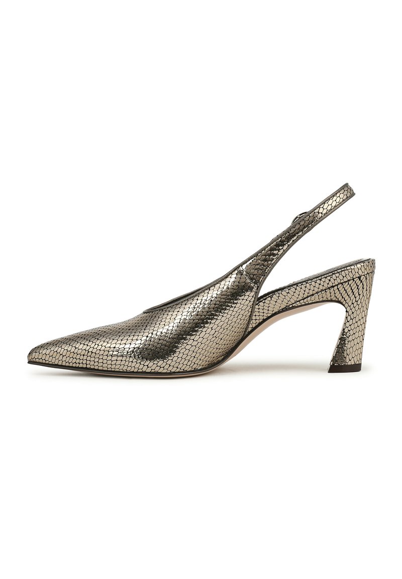Puntige slingback-schoen in metallic zilver met een textuur van slangenhuid, voorzien van een chunky, middelhoog hak.