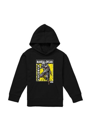 Black hoodie featuring an action pose of the Mandalorian character with yellow burst background and Japanese text on the front.