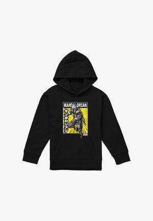 Schwarzer Hoodie mit einer Action-Pose der Mandalorian-Figur vor gelbem Strahlenhintergrund und japanischem Text auf der Vorderseite.