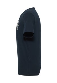 Navyblaues Baumwoll-T-Shirt mit kurzen Ärmeln, Rundhalsausschnitt und geradem Saum, mit einem weißen Logo auf der Vorderseite.