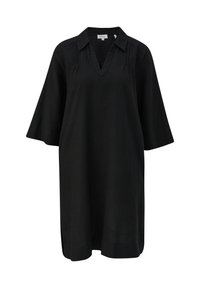 Robe noire longueur genou avec manches trois-quarts, encolure en V et col, présentée sur fond blanc.