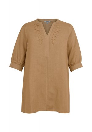 Hellbraune Tunika mit mittellangen Puffärmeln, V-Ausschnitt und dezenten dekorativen Nähten im Brustbereich.