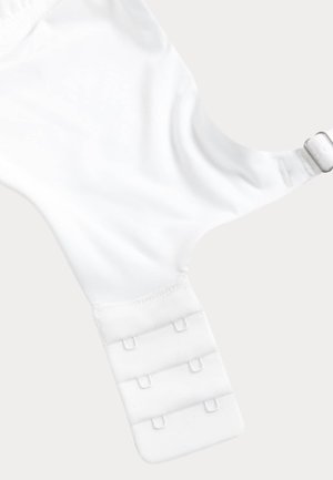 White bra strap extender with three rows of hooks and adjustable band on a light background.