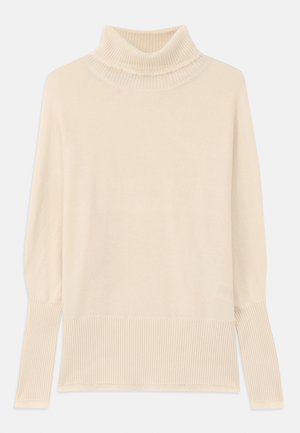 Cream turtleneck sweater with ribbed cuffs and hem. Soft texture, relaxed fit, and chunky neck design. Lightweight knit fabric.