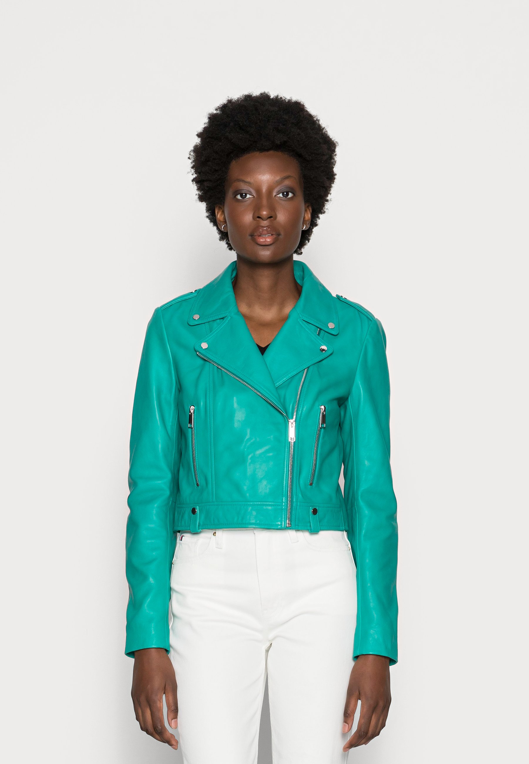 turquoise leather jacket