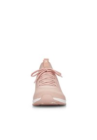 Light pink athletic shoe with a breathable mesh upper, lace closure, padded collar, and white rubber sole. Minimal branding detail on tongue.