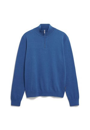 Blauwe sweatshirt met een hoge kraag en een halve rits. Gemaakt van een zachte stof, met lange mouwen en een aansluitende tailleband. Geen patronen of accenten.
