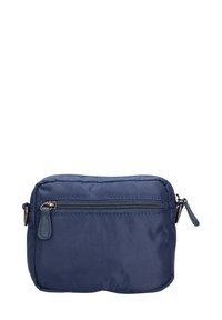 Borsa in nylon blu navy con forma rettangolare, dotata di una tasca anteriore con zip e superficie liscia. Include una cerniera laterale per la chiusura.