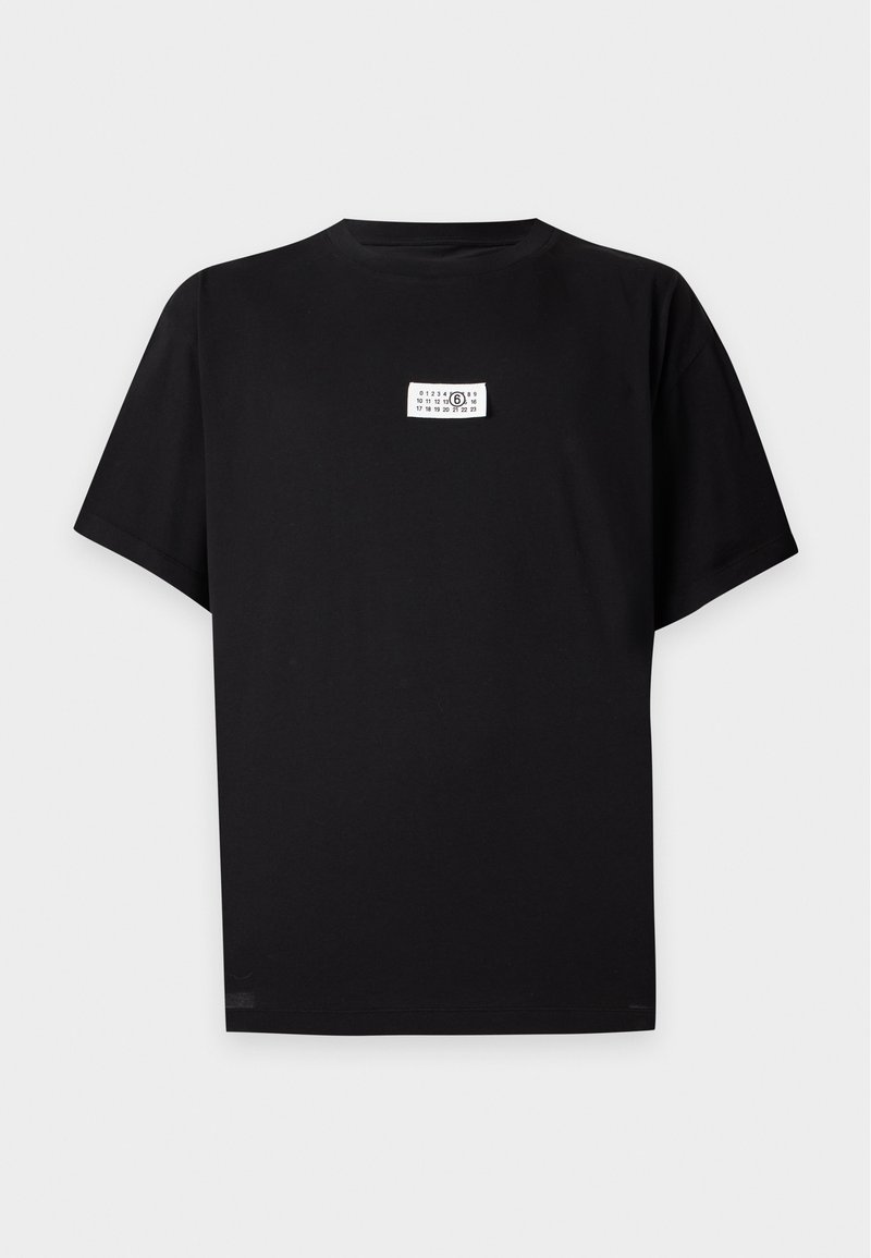 Black short-sleeve crew neck t-shirt with a small white rectangular label featuring numbers on the center chest.