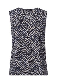 Top senza maniche caratterizzato da un motivo geometrico in blu navy e crema. Tessuto morbido con una vestibilità rilassata e scollatura rotonda.