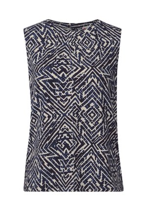 Sleeveless top featuring a geometric pattern in navy blue and cream. Smooth fabric with a relaxed fit and round neckline.