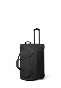 Bolsa de viaje negra con rueditas, dos asas laterales, correa ajustable y un mango retráctil; fabricada con un tejido duradero y con un acabado texturizado.