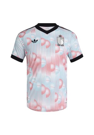 Camiseta deportiva de manga corta con patrón abstracto de bolas en rosa y azul claro, cuello y puños de manga negros, logo de Adidas y escudo coronado.