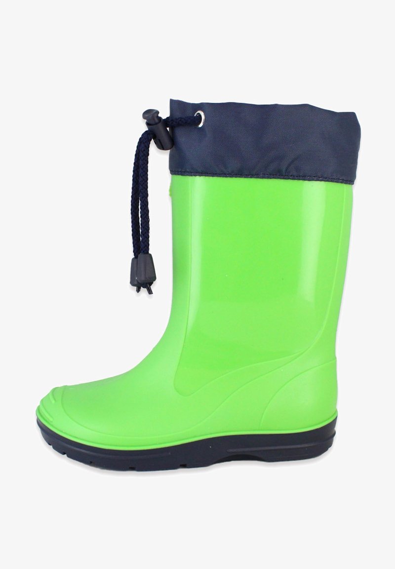 Botte de pluie en caoutchouc vert avec un haut bleu marine, fermeture à cordon, surface lisse, bout rond et semelle noire texturée pour une meilleure traction.