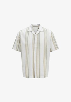 Korte ærmer, krave skjorte i hvid med lodrette beige striber. Lavet af et letvægtsstof med knaplukning og en afslappet pasform.