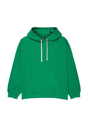 Vihreä huppari, jossa on kenguru-tasku, kermaiset nyörit ja pieni logo rinnassa. Pehmeä kangas, rento istuvuus.