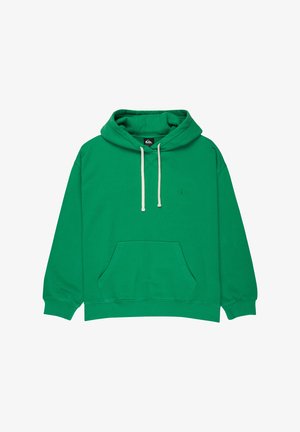 Vihreä huppari, jossa on kenguru-tasku, kermaiset nyörit ja pieni logo rinnassa. Pehmeä kangas, rento istuvuus.