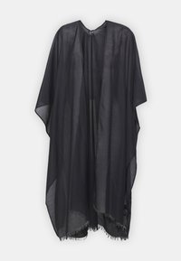 Läpinäkyvä musta kimono, jossa on avonainen etuosa, leveät hihat ja risaiset reunat, valmistettu kevyestä kankaasta, joka tarjoaa virtaavan siluetin.