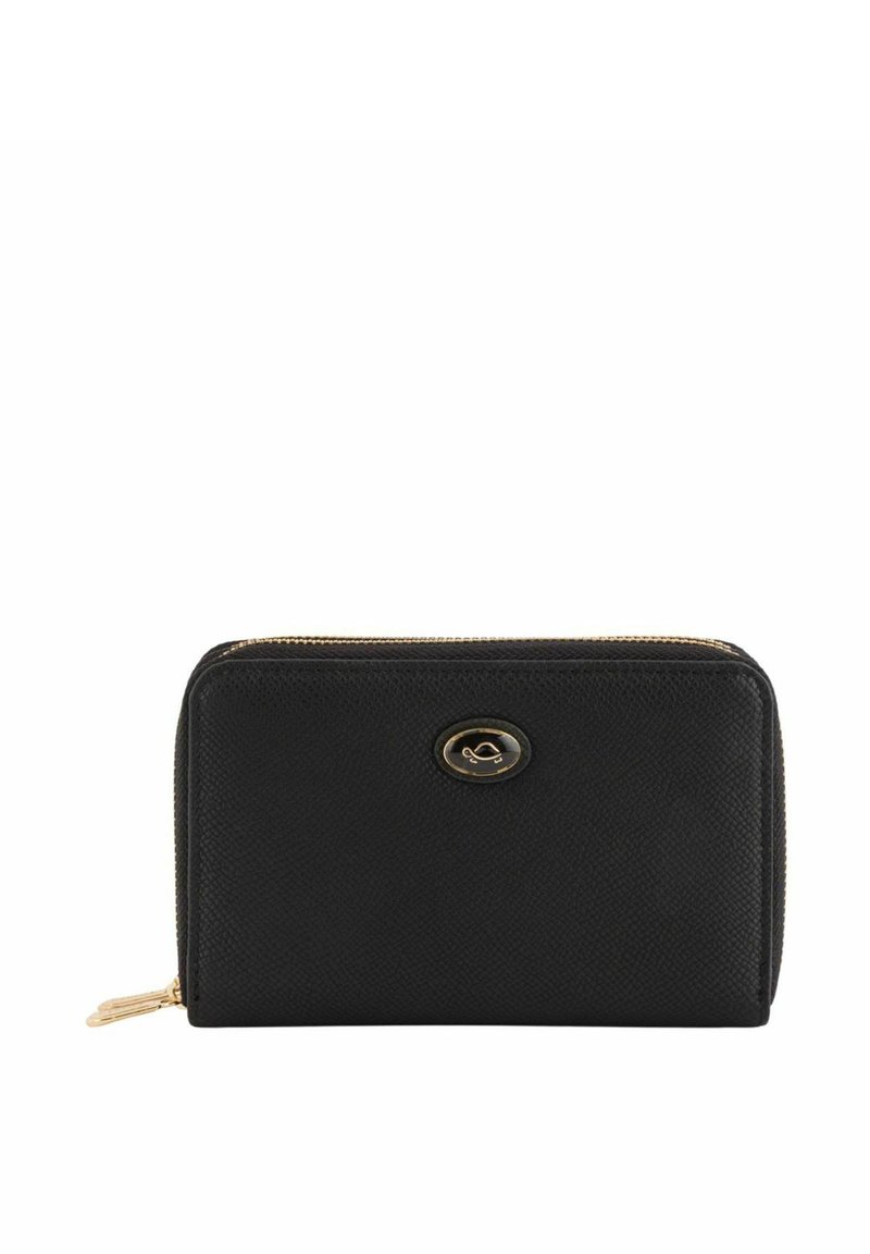 Portefeuille en cuir noir texturé avec fermeture éclair dorée et emblème logo. Forme rectangulaire, avec une fermeture éclair et des lignes épurées.