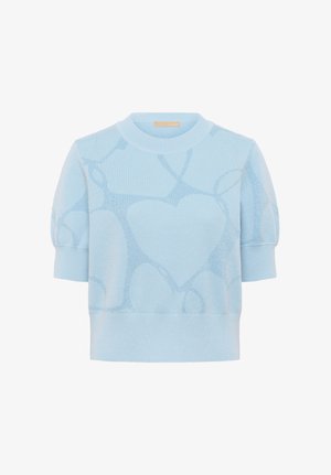 Svijetloplavi pleteni pulover kratkih rukava s suptilnim velikim uzorcima srca i rebrastim ovratnikom, manžetama i rubom.