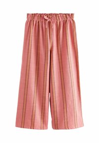Roze gestreepte broek met wijde pijpen, elastische tailleband en koordje. De stof heeft verticale strepen in verschillende tinten roze en paars.