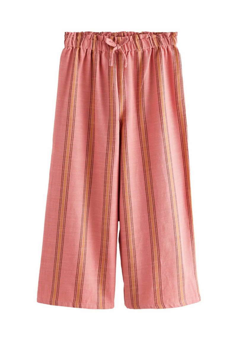 Roze gestreepte broek met wijde pijpen, elastische tailleband en koordje. De stof heeft verticale strepen in verschillende tinten roze en paars.