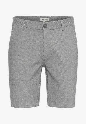 Grijs gestreepte shorts van lichtgewicht stof; heeft een knoopsluiting, riemlussen en zijzakken. Verticale strepen creëren een textuurlook.