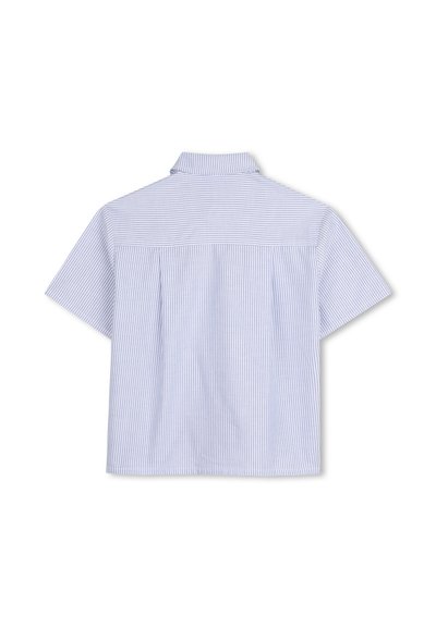 Kort shirt met korte mouwen en een patroon van lichtblauwe en witte verticale strepen, voorzien van een kraag en geplooide details aan de achterkant.