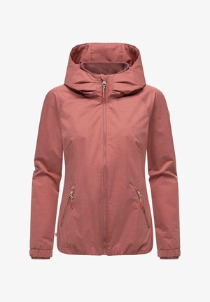 Vaaleanpunainen kevyt takki hupulla, edessä vetoketjulla, sivutaskuilla ja elastisilla hihansuilla. Sileä texture, jossa on hienovarainen heather-kuvio.