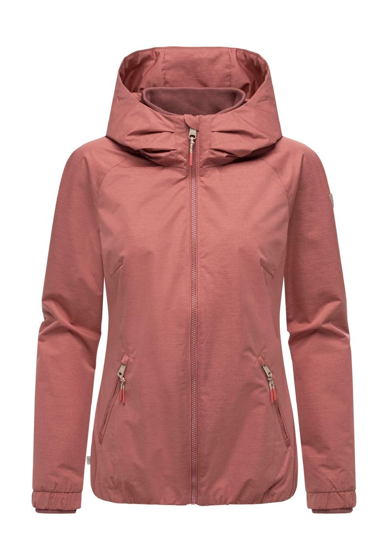 Veste légère rose avec capuche, fermeture éclair à l'avant, poches latérales et poignets élastiques. Texture lisse avec un motif chiné subtil.