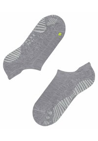 Calcetines bajos grises con patrón de agarre texturizado en la suela, que cuentan con áreas reforzadas en el talón y los dedos. Marcados con "R" en amarillo.