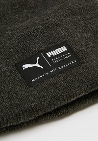Dark gray knit beanie featuring a rectangular black label with white "PUMA" text and a leaping cat logo, with additional text underneath.