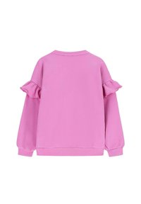 Sweatshirt rose avec des manches volantées, fabriqué en tissu lisse. Il présente un col rond et des poignets élastiques aux manches et à l'ourlet.