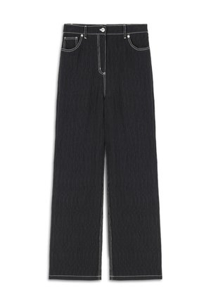 Black denim trousers featuring a wide-leg design, contrast white stitching, and traditional five-pocket styling. Textured fabric with a crinkled finish.