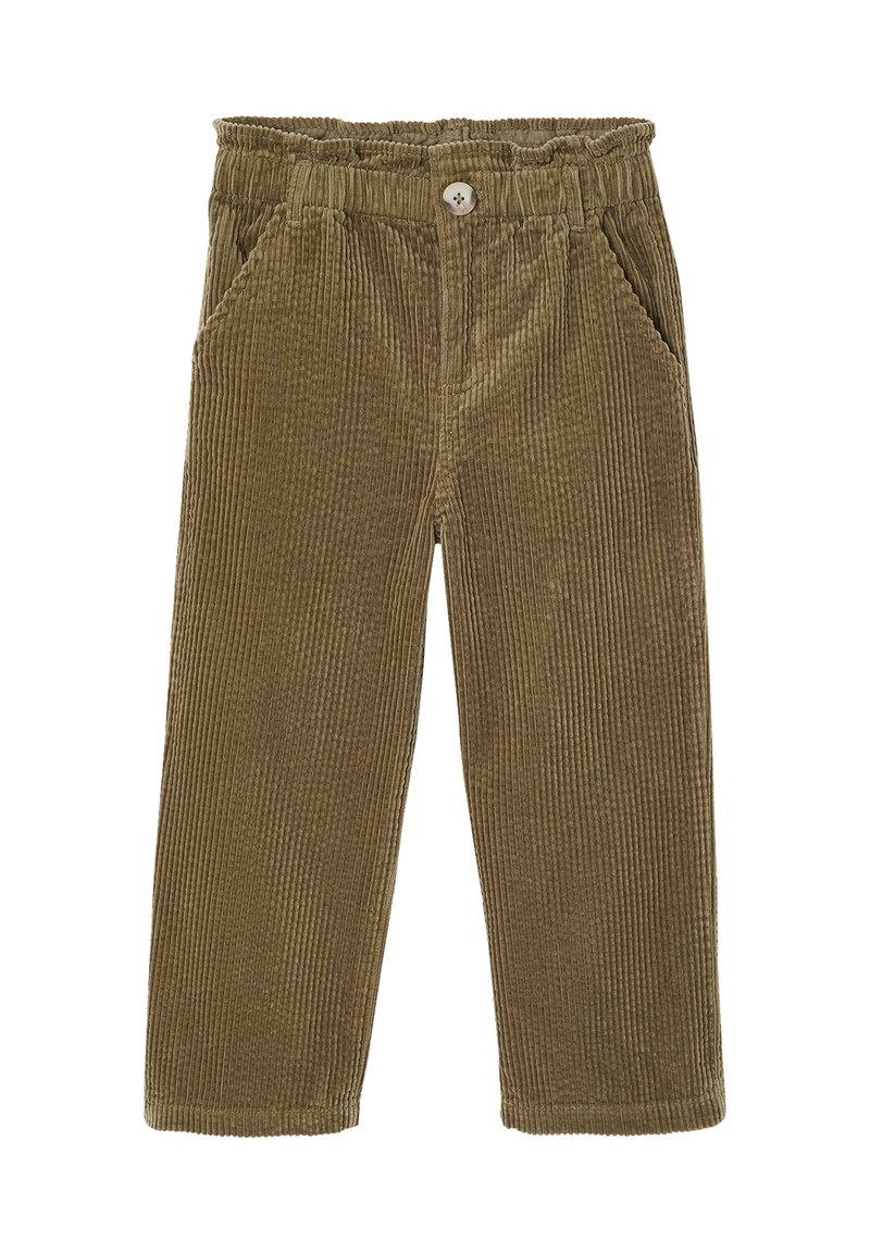 Braune Cordhose mit elastischem Bund, vorderem Knopf und seitlichen Taschen, gerader Bein Schnitt.