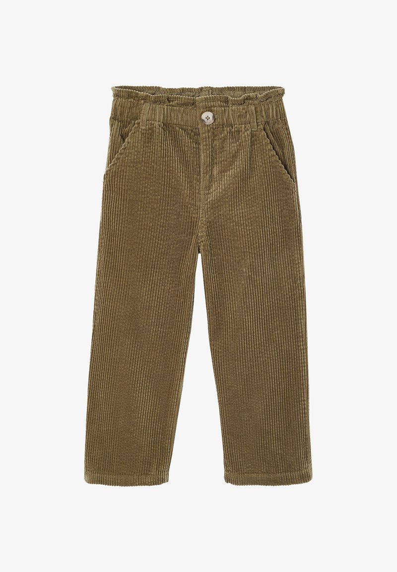 Braune Cordhose mit elastischem Bund, vorderem Knopf und seitlichen Taschen, gerader Bein Schnitt.