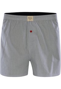 Blå och vit rutiga kalsonger med elastiskt midjeband, med en röd knappdetalj framtill och mjukt bomullsmaterial.