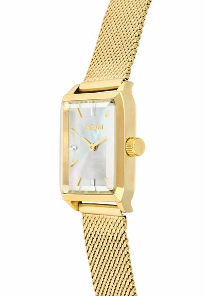 Rechthoekig gouden polshorloge met mesh-band, parelmoeren wijzerplaat, gouden uurmarkeringen en twee gouden wijzers die 10:10 aangeven.