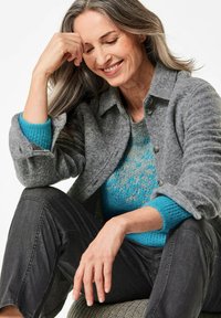 Grauer Wollmantel mit Knopfverschluss, kombiniert mit einem blauen Strickpullover mit strukturiertem Muster. Das Model trägt dunkelgraue Jeans.