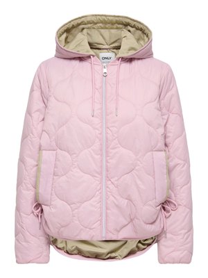 Pink quilted jacket with a hood, featuring a zip front, two front pockets, and a contrasting beige lining. Elastic accents at the hem.