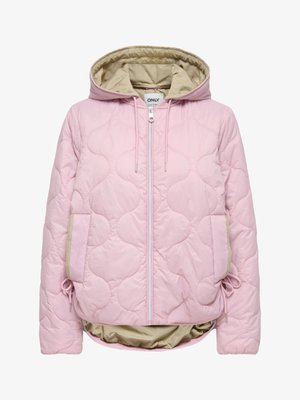 Pink quilted jacket with a hood, featuring a zip front, two front pockets, and a contrasting beige lining. Elastic accents at the hem.