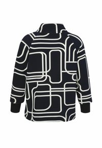 Marineblauer Pullover mit einem geometrischen Muster aus weißem Umriss. Verfügt über einen hohen Kragen und gerippte Bündchen, die einen lässigen Sitz bieten. Weicher Stoff.