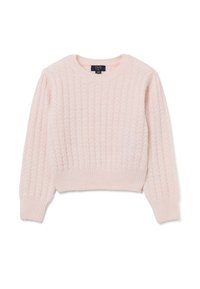 Helles rosa gestricktes Sweatshirt mit einem strukturierten, gerippten Muster; runder Halsausschnitt; lange Ärmel; und einem enganliegenden Saum. Markenetikett im inneren Halsausschnitt sichtbar.