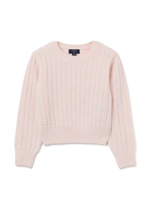 Lichtroze gebreide trui met een gestructureerd, geribbeld patroon; ronde halslijn; lange mouwen; en een aangesloten boord. Merkenlabel zichtbaar aan de binnenkant van de halslijn.