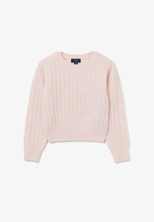 Maglione lavorato a maglia di un leggero rosa, con un motivo a coste testurizzato; scollatura rotonda; maniche lunghe; e orlo aderente. Etichetta del marchio visibile all'interno della scollatura.