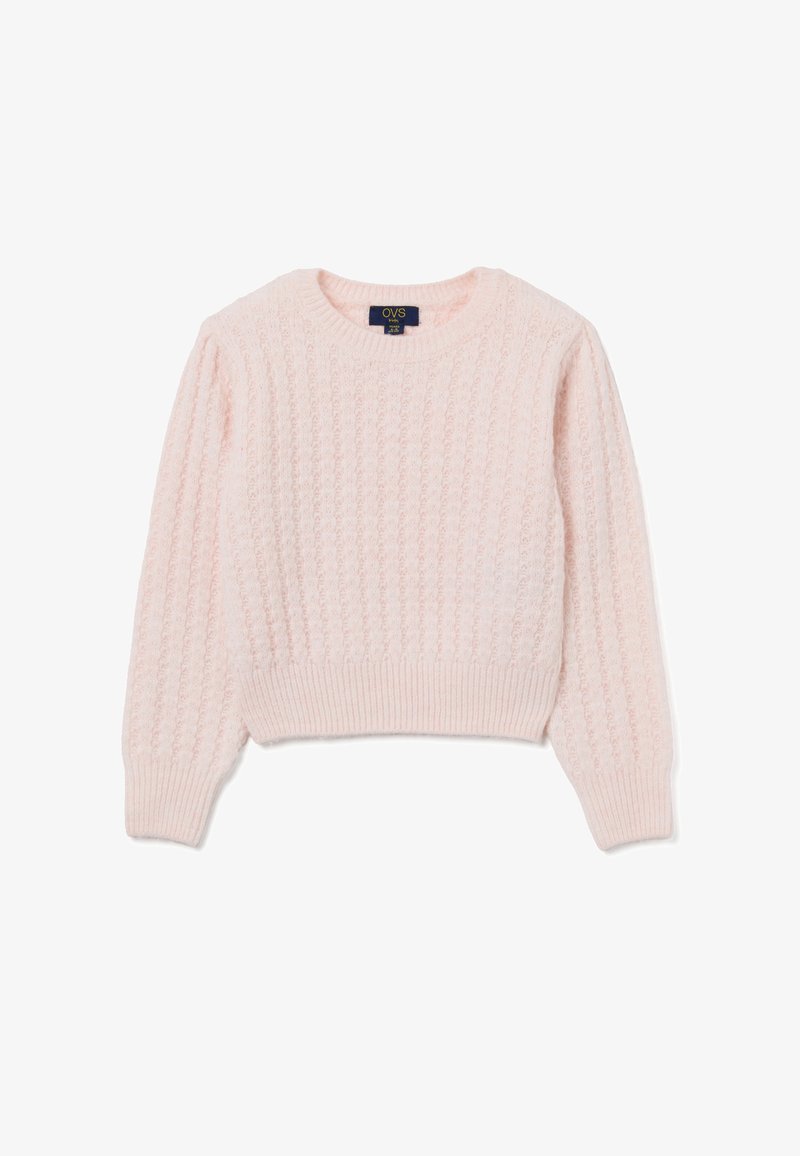 Helles rosa gestricktes Sweatshirt mit einem strukturierten, gerippten Muster; runder Halsausschnitt; lange Ärmel; und einem enganliegenden Saum. Markenetikett im inneren Halsausschnitt sichtbar.